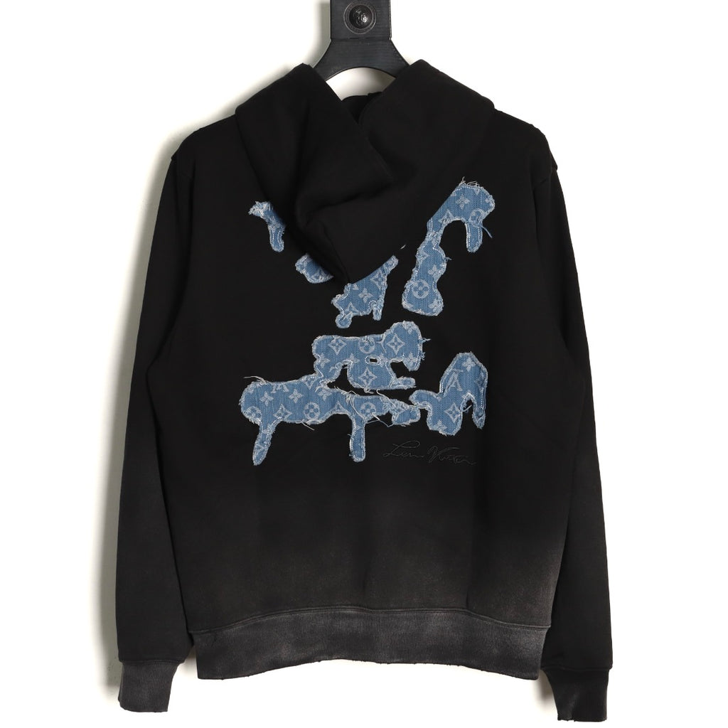 Louis Vuitton 25FW Cloud-Wash Denim Logo Appliqué Distressed Black Hoodie