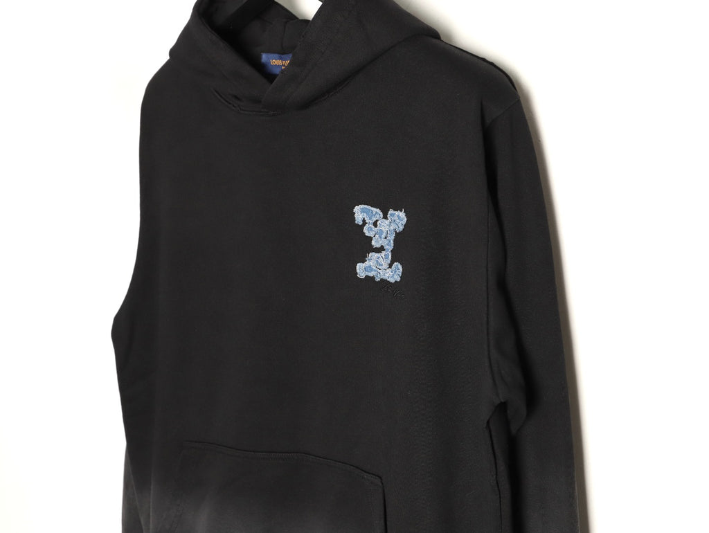 Louis Vuitton 25FW Cloud-Wash Denim Logo Appliqué Distressed Black Hoodie