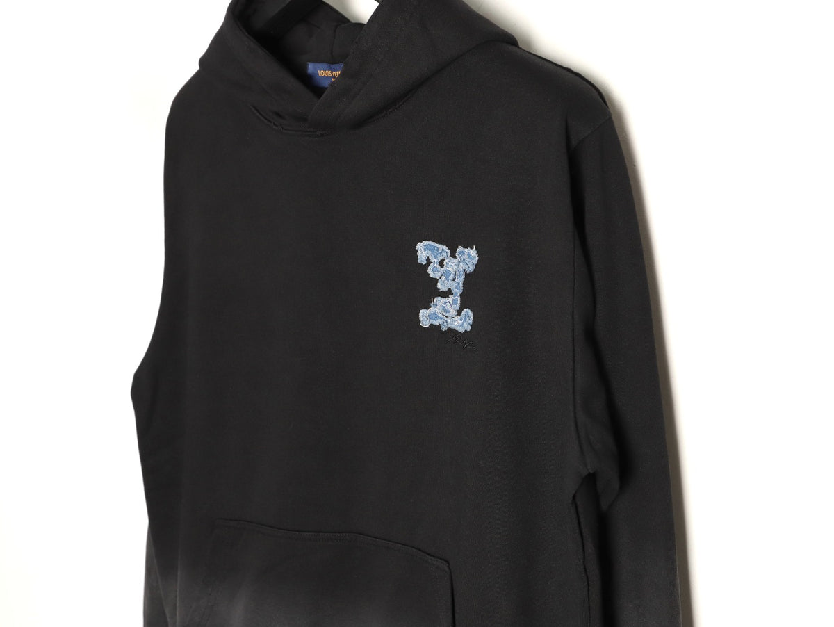 Louis Vuitton 25FW Cloud-Wash Denim Logo Appliqué Distressed Black Hoodie