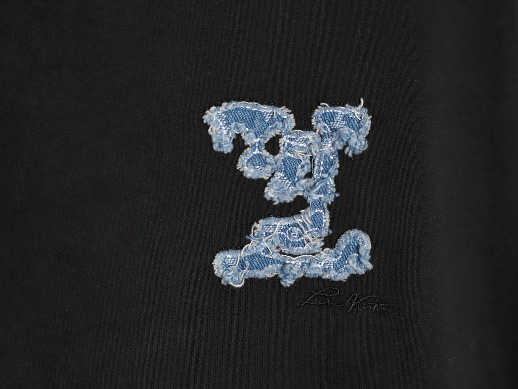 Louis Vuitton 25FW Cloud-Wash Denim Logo Appliqué Distressed Black Hoodie