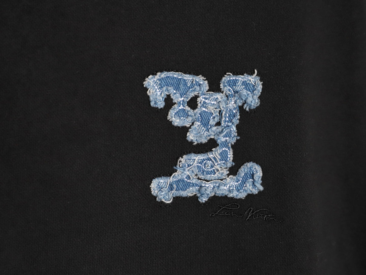 Louis Vuitton 25FW Cloud-Wash Denim Logo Appliqué Distressed Black Hoodie