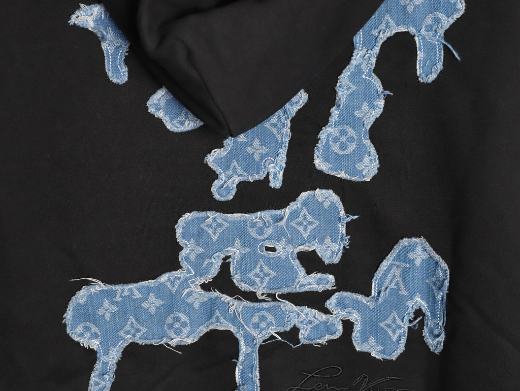 Louis Vuitton 25FW Cloud-Wash Denim Logo Appliqué Distressed Black Hoodie