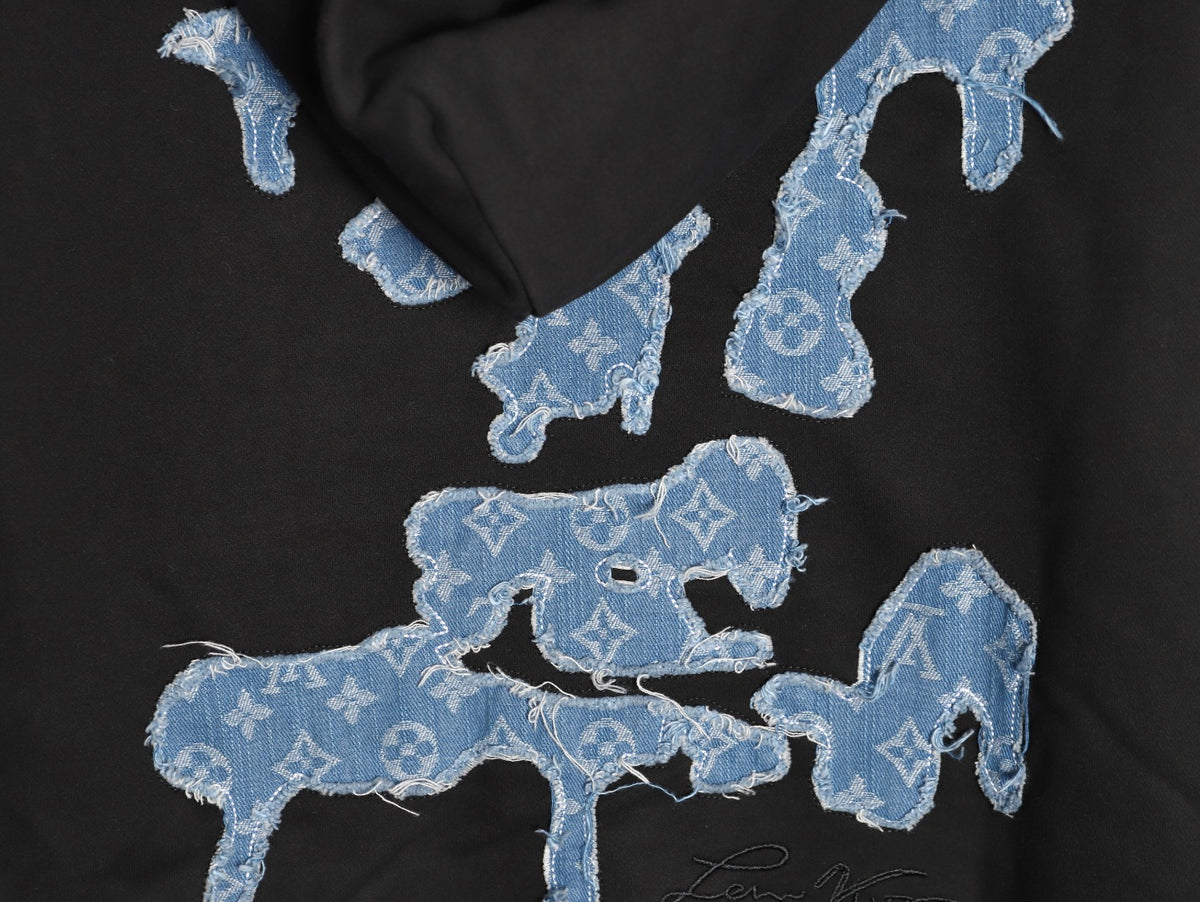 Louis Vuitton 25FW Cloud-Wash Denim Logo Appliqué Distressed Black Hoodie