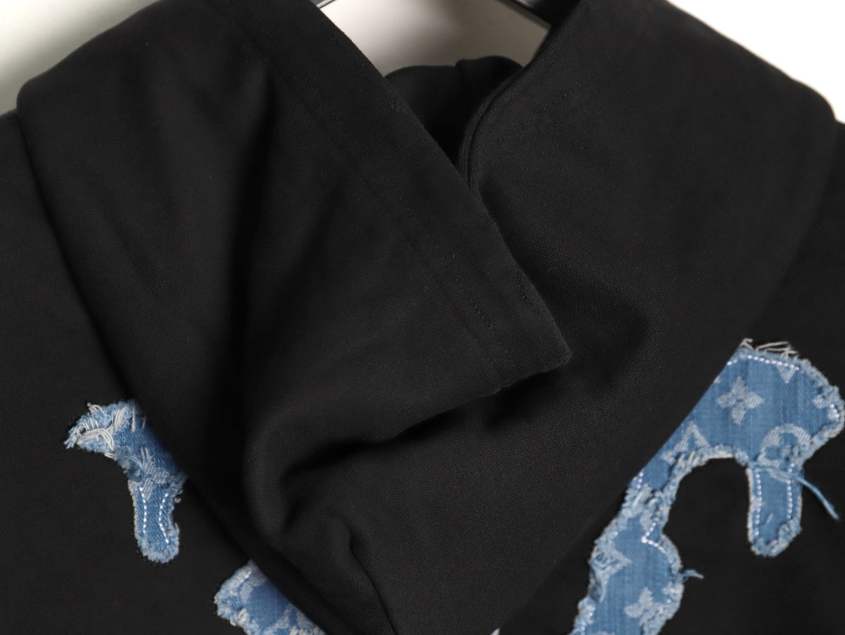Louis Vuitton 25FW Cloud-Wash Denim Logo Appliqué Distressed Black Hoodie