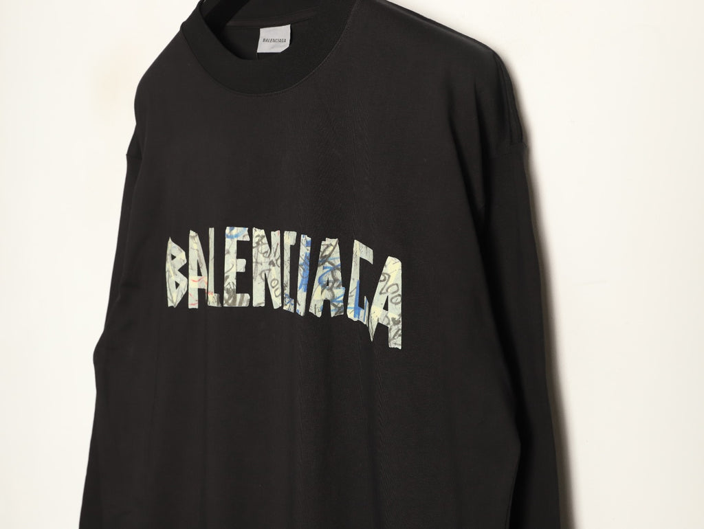 Balenciaga 26FW Tape-Effect Logo Black Long-Sleeve T-Shirt