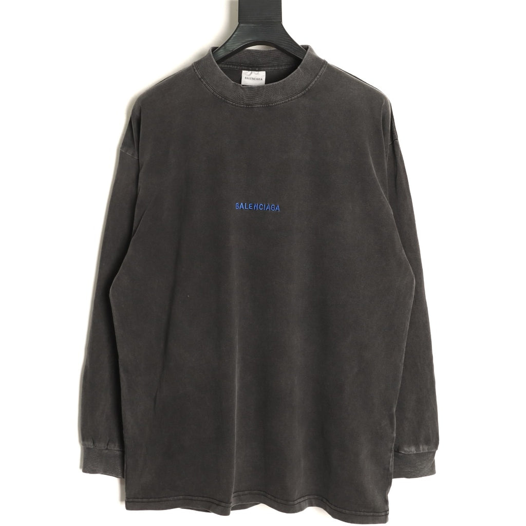 Balenciaga Blue Embroidered Logo Black Long-Sleeve T-Shirt