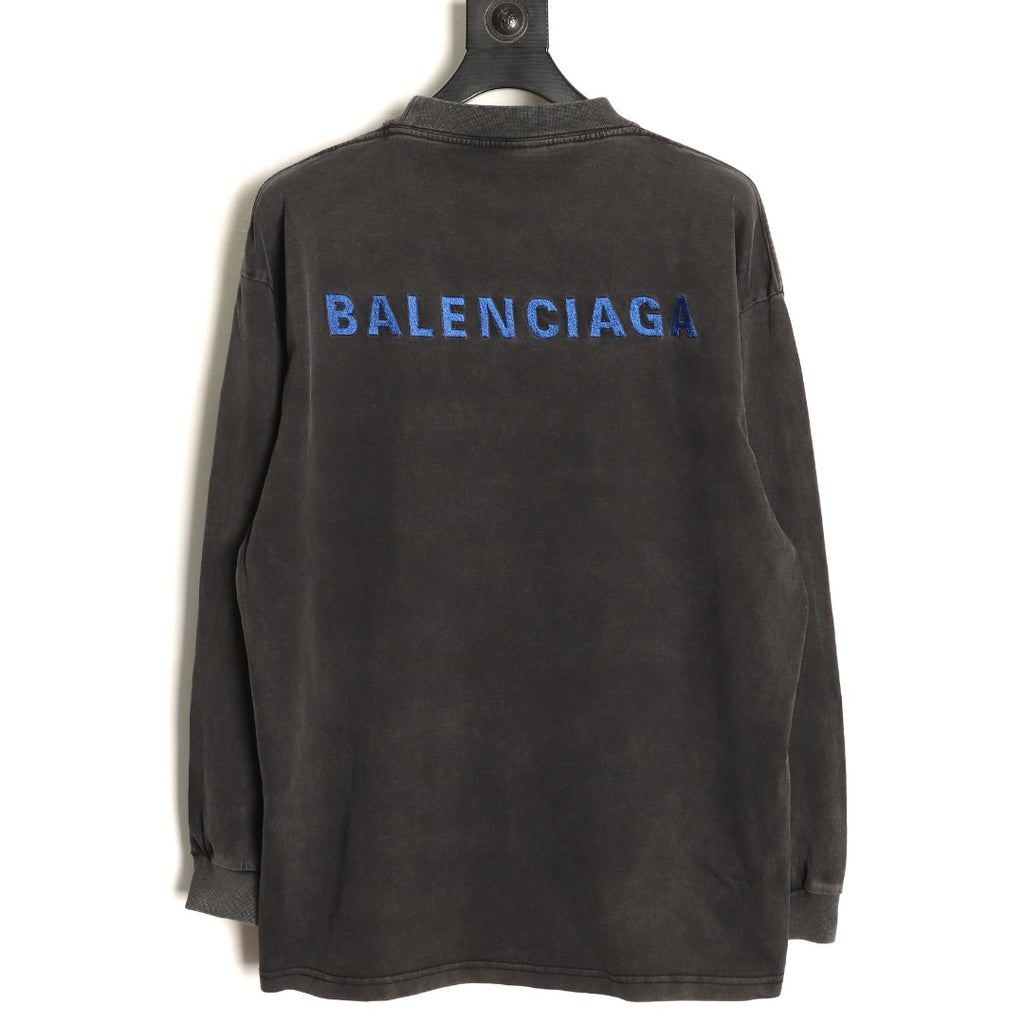 Balenciaga Blue Embroidered Logo Black Long-Sleeve T-Shirt