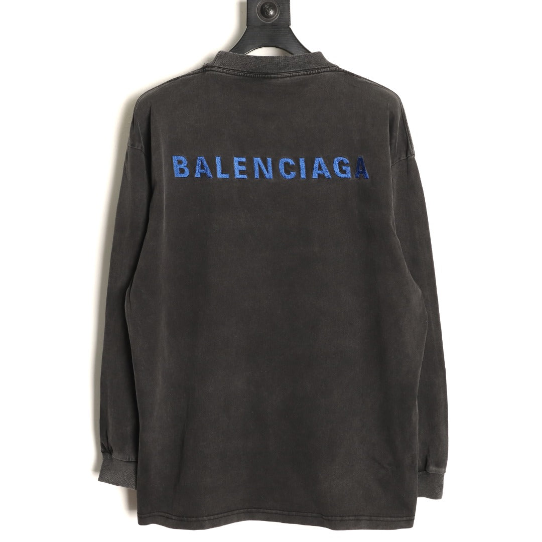 Balenciaga Blue Embroidered Logo Black Long-Sleeve T-Shirt