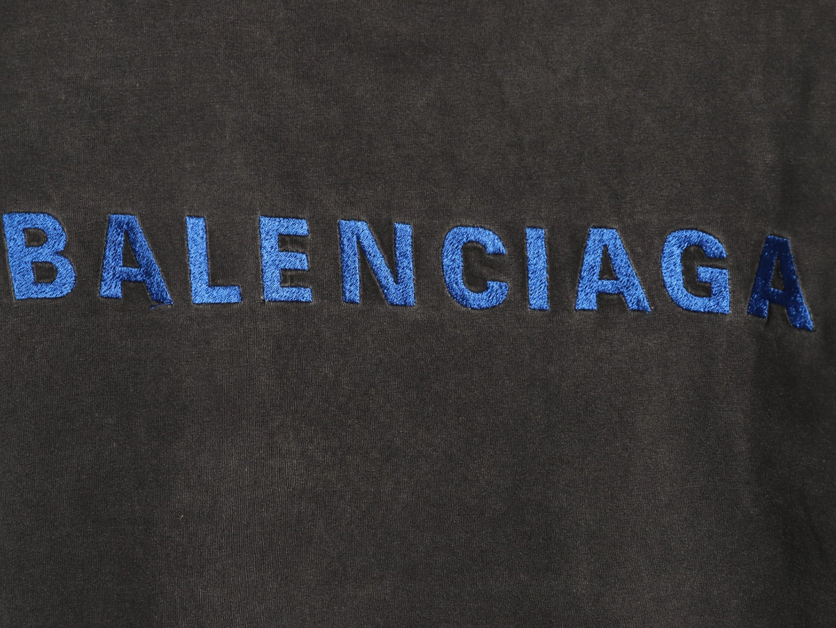 Balenciaga Blue Embroidered Logo Black Long-Sleeve T-Shirt