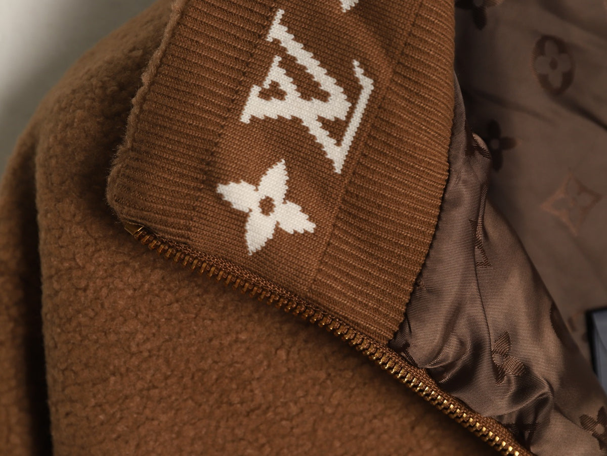 Louis Vuitton LV Jacquard-Collar Brown Plush Stand-Collar Jacket