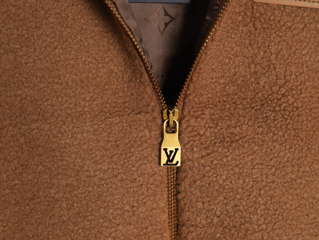 Louis Vuitton LV Jacquard-Collar Brown Plush Stand-Collar Jacket