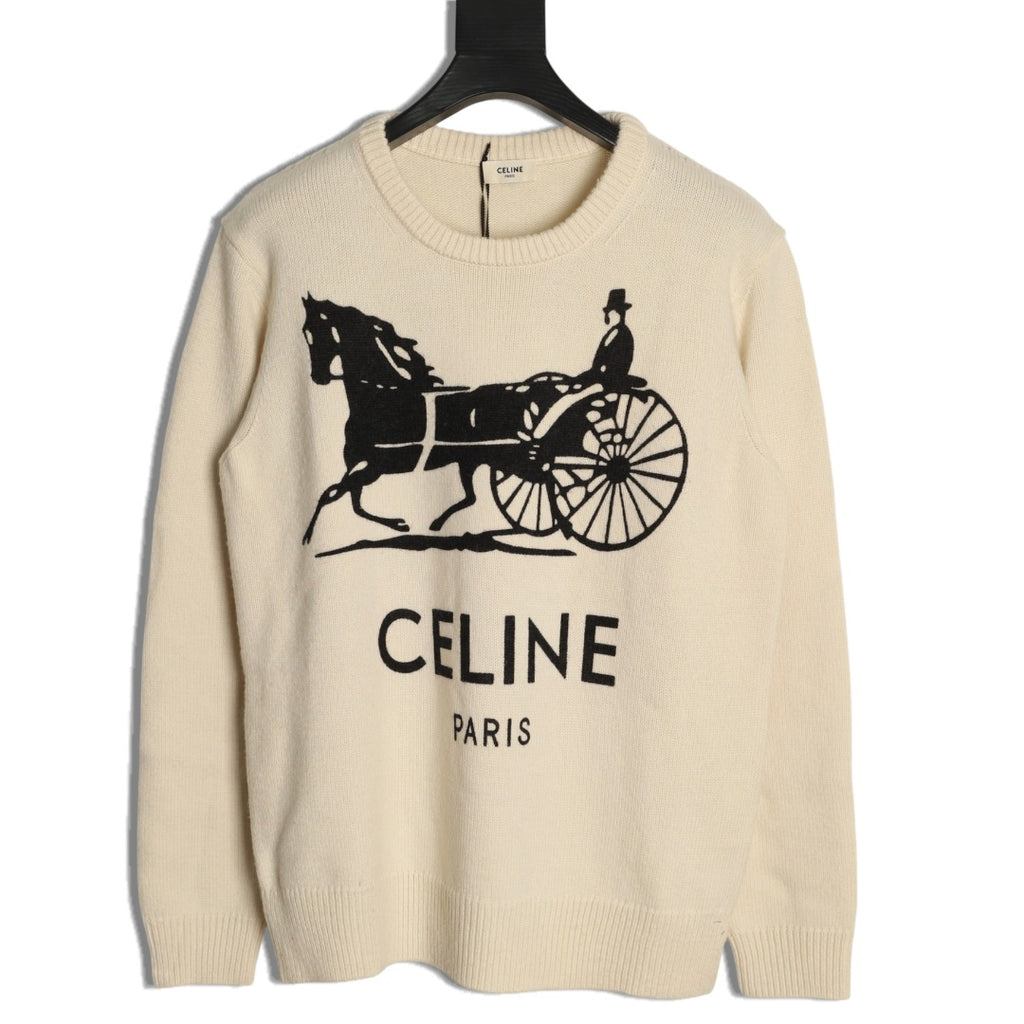 Celine CE Horse Carriage Print Ivory Knit Sweater