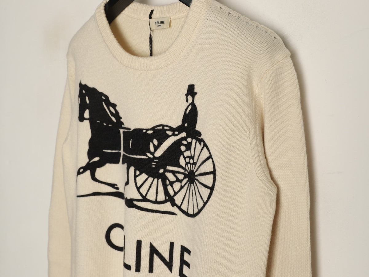 Celine CE Horse Carriage Print Ivory Knit Sweater