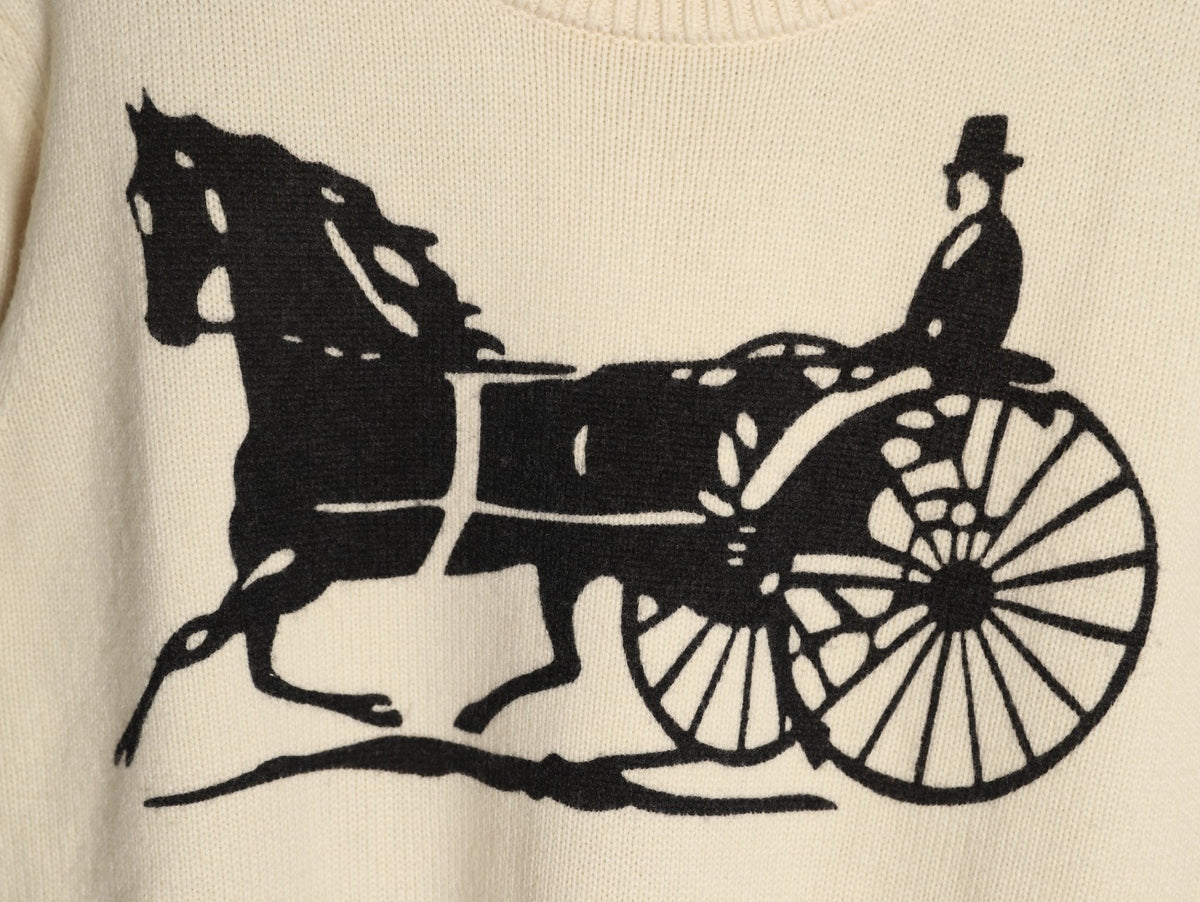 Celine CE Horse Carriage Print Ivory Knit Sweater