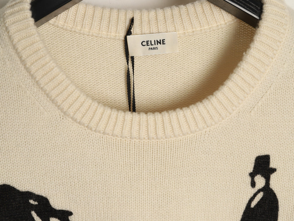 Celine CE Horse Carriage Print Ivory Knit Sweater