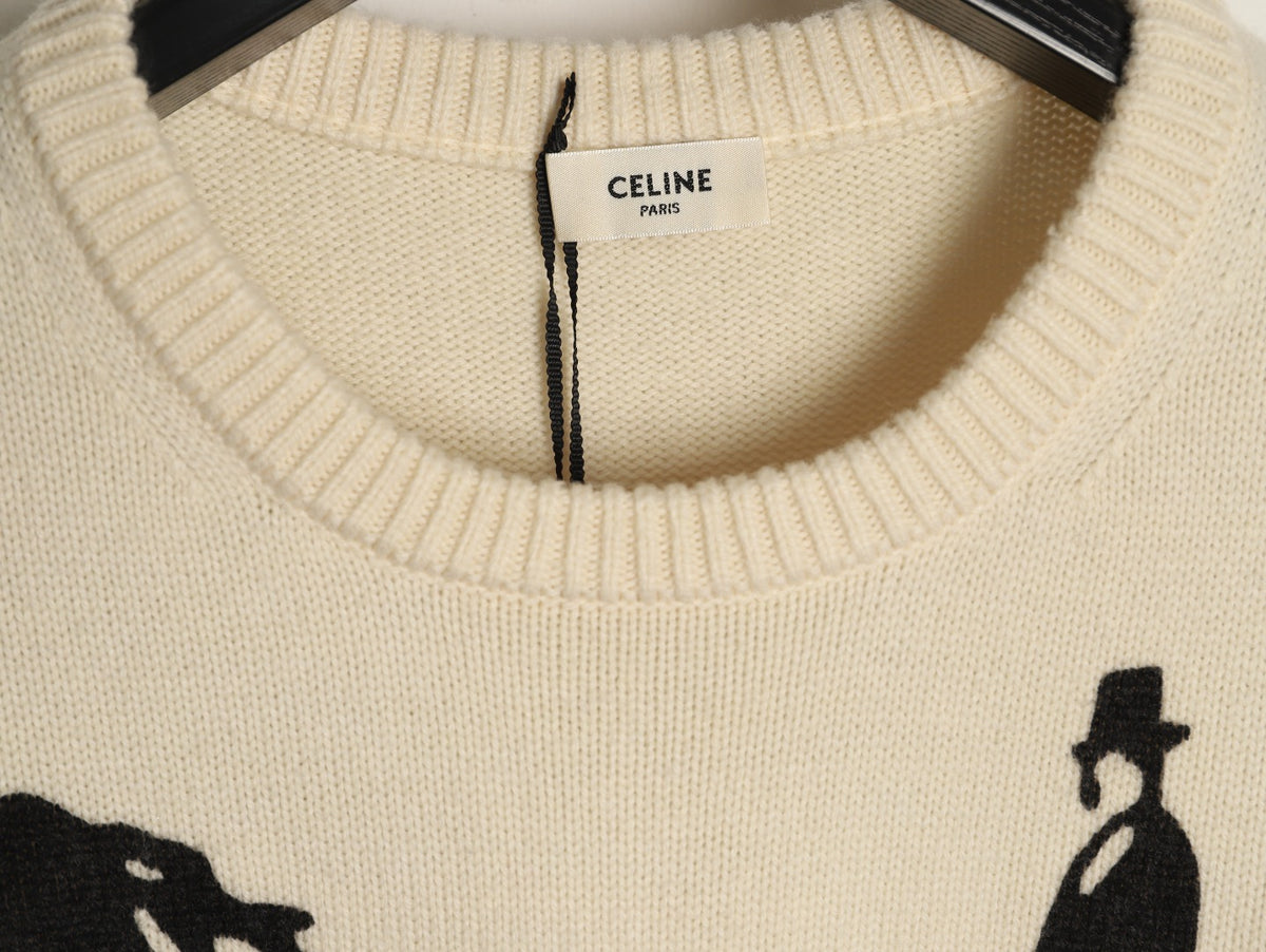 Celine CE Horse Carriage Print Ivory Knit Sweater