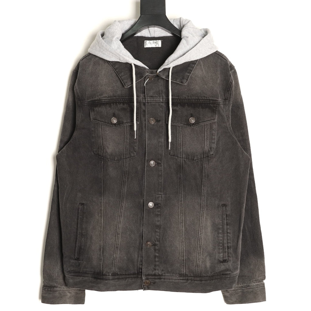 Celine Washed Black Denim Jacket with Logo Hood