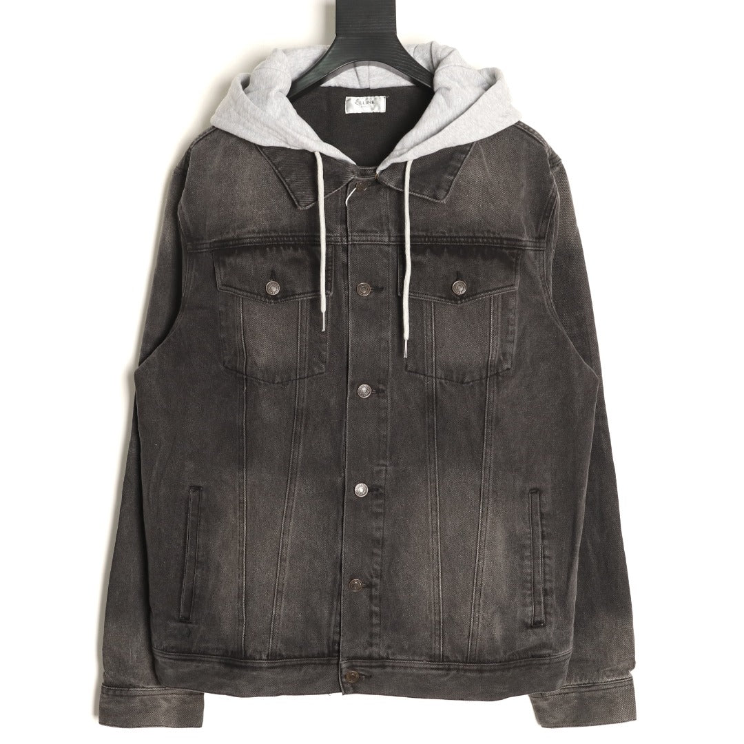 Celine Washed Black Denim Jacket with Logo Hood