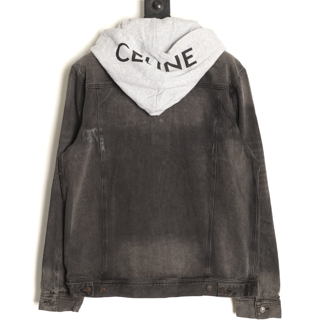 Celine Washed Black Denim Jacket with Logo Hood