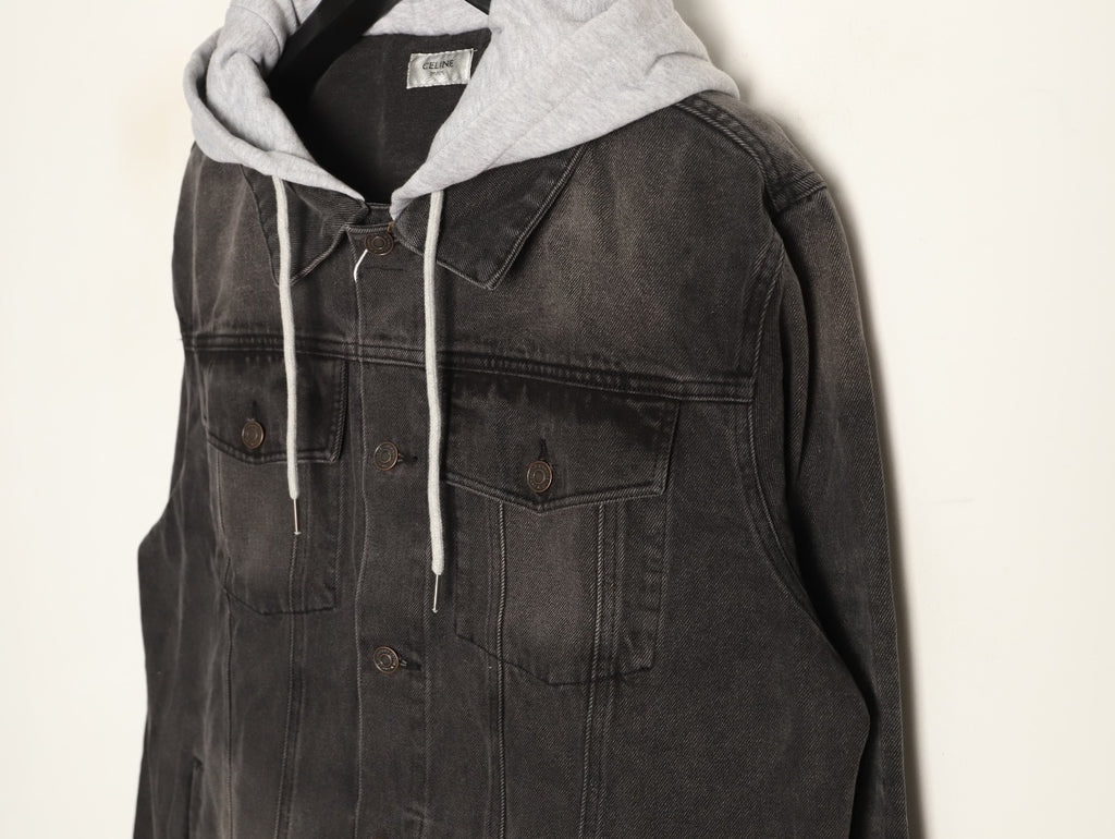 Celine Washed Black Denim Jacket with Logo Hood