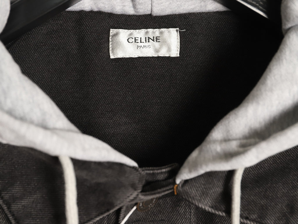 Celine Washed Black Denim Jacket with Logo Hood