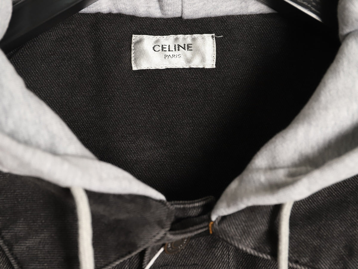 Celine Washed Black Denim Jacket with Logo Hood