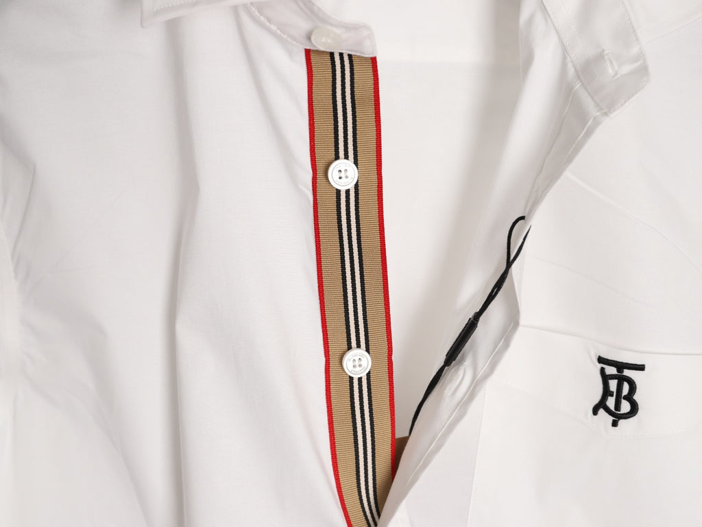 Burberry TB Embroidered Tape-Trim White Long-Sleeve Shirt