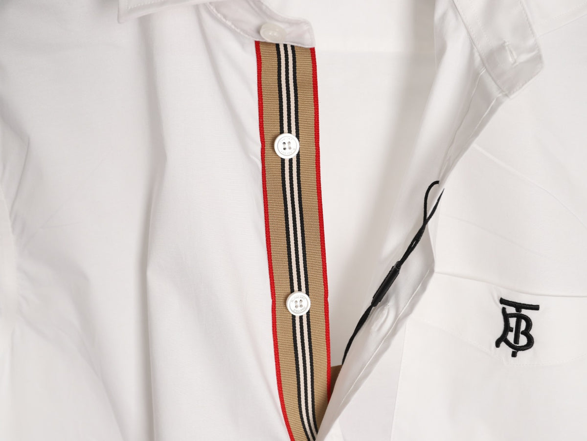 Burberry TB Embroidered Tape-Trim White Long-Sleeve Shirt