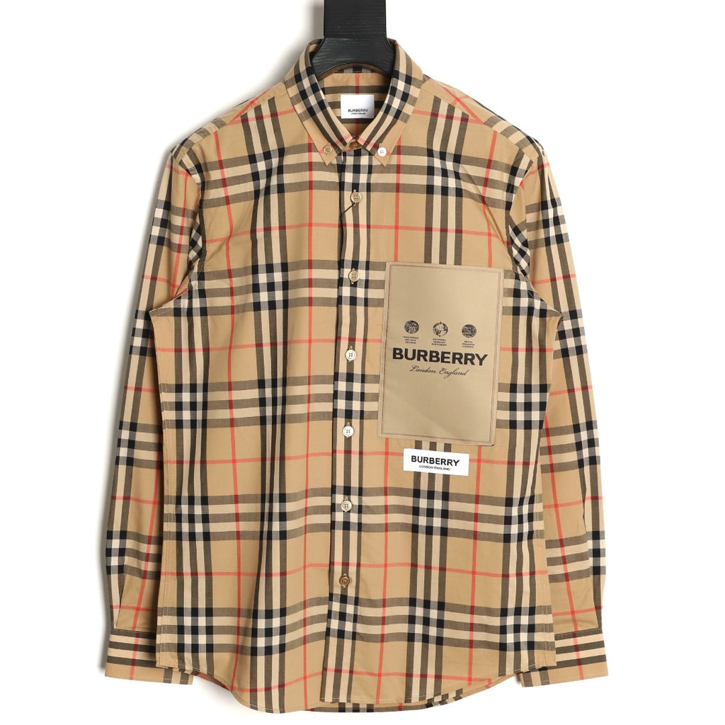 Burberry Label Patch Check Cotton Long-Sleeve Shirt