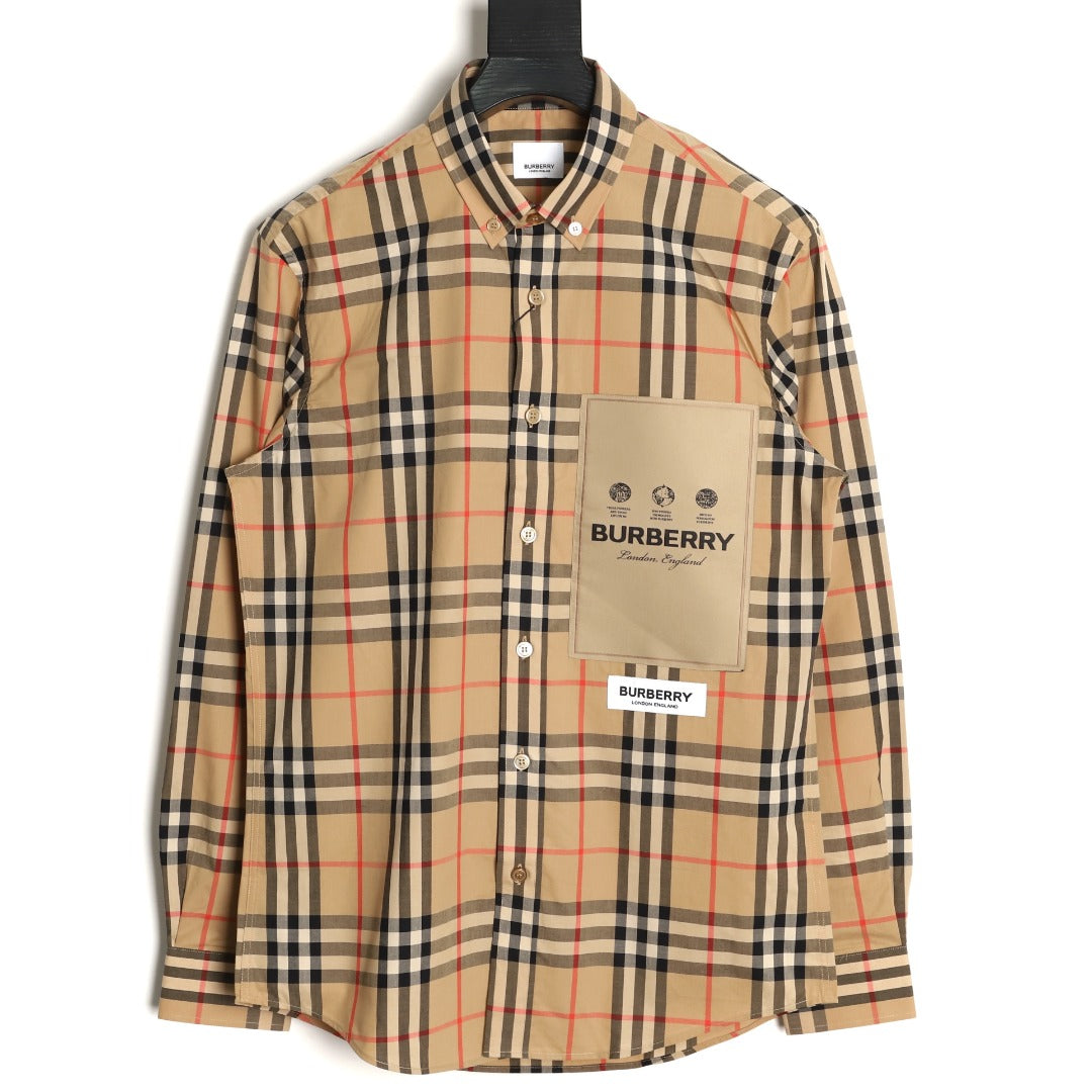 Burberry Label Patch Check Cotton Long-Sleeve Shirt