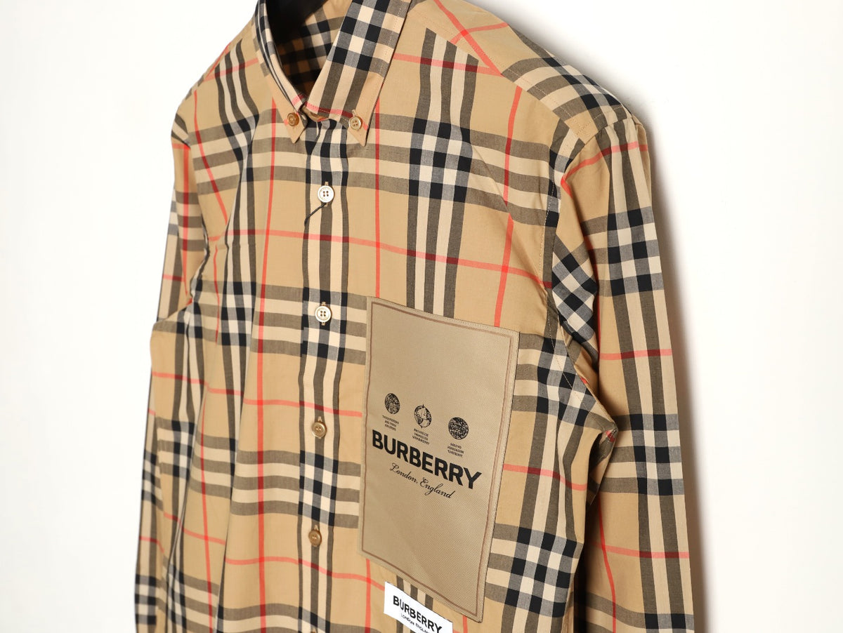 Burberry Label Patch Check Cotton Long-Sleeve Shirt