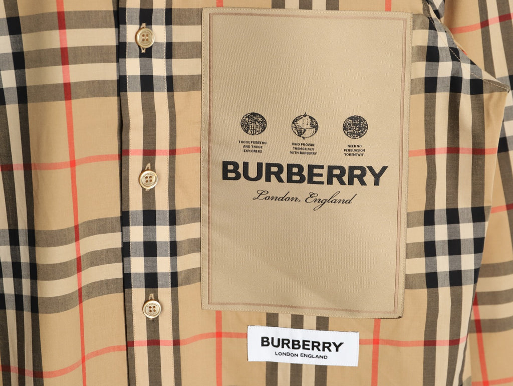 Burberry Label Patch Check Cotton Long-Sleeve Shirt