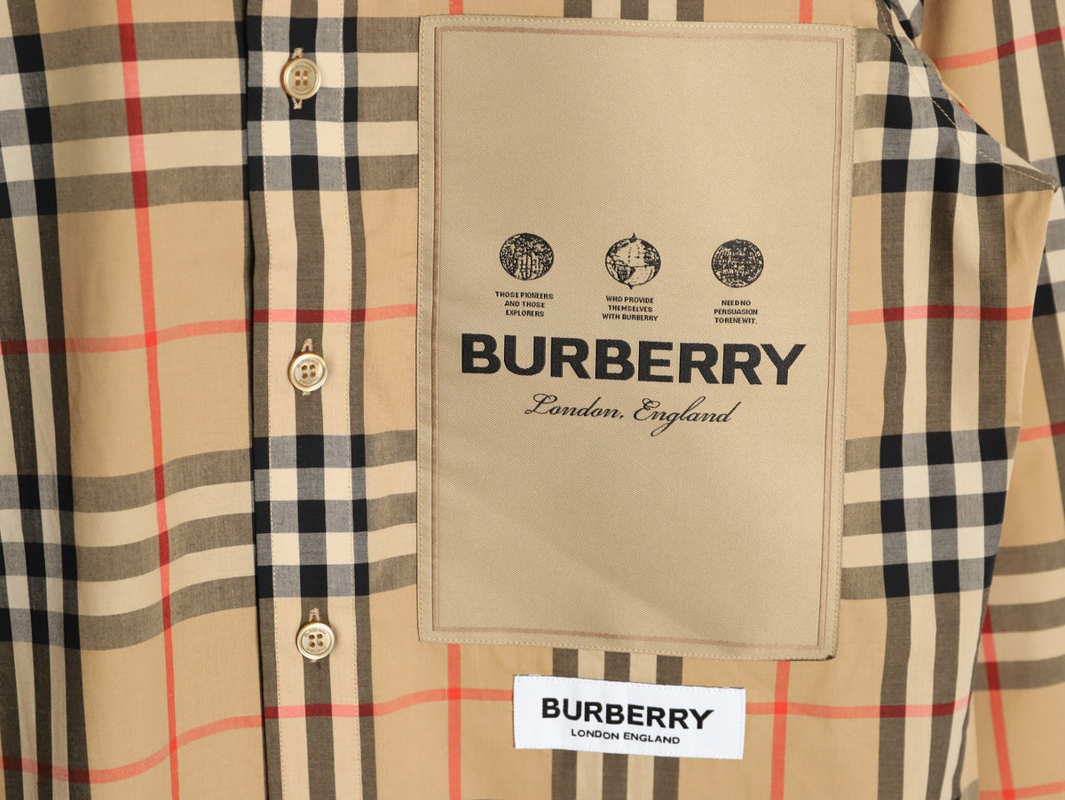 Burberry Label Patch Check Cotton Long-Sleeve Shirt