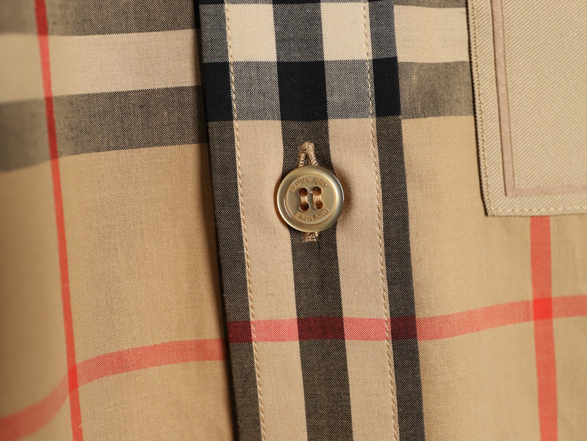 Burberry Label Patch Check Cotton Long-Sleeve Shirt