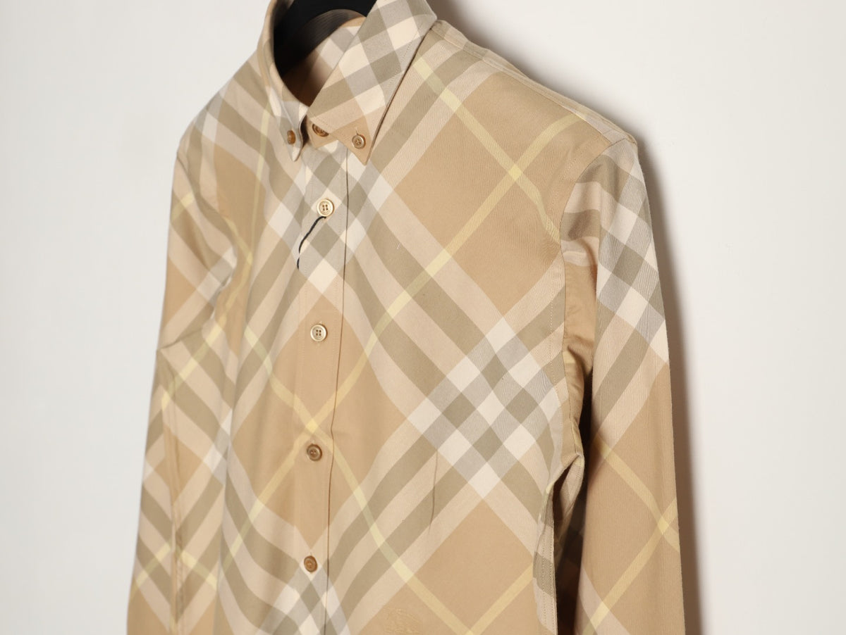 Burberry Sand Beige Diagonal Check Cotton Long-Sleeve Shirt