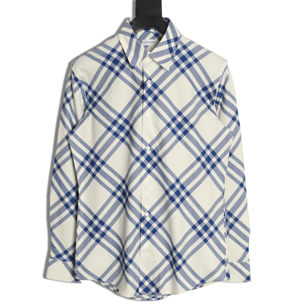 Burberry Ivory Blue Diagonal Check Cotton Long-Sleeve Shirt