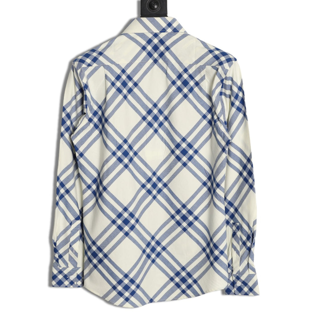 Burberry Ivory Blue Diagonal Check Cotton Long-Sleeve Shirt