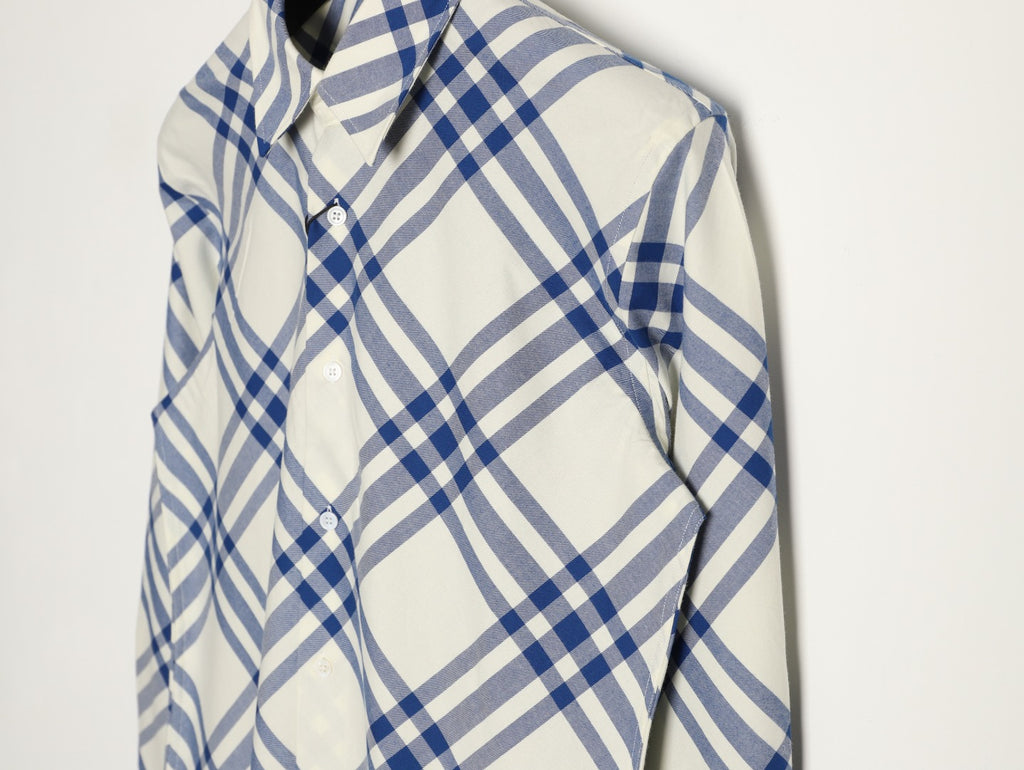Burberry Ivory Blue Diagonal Check Cotton Long-Sleeve Shirt