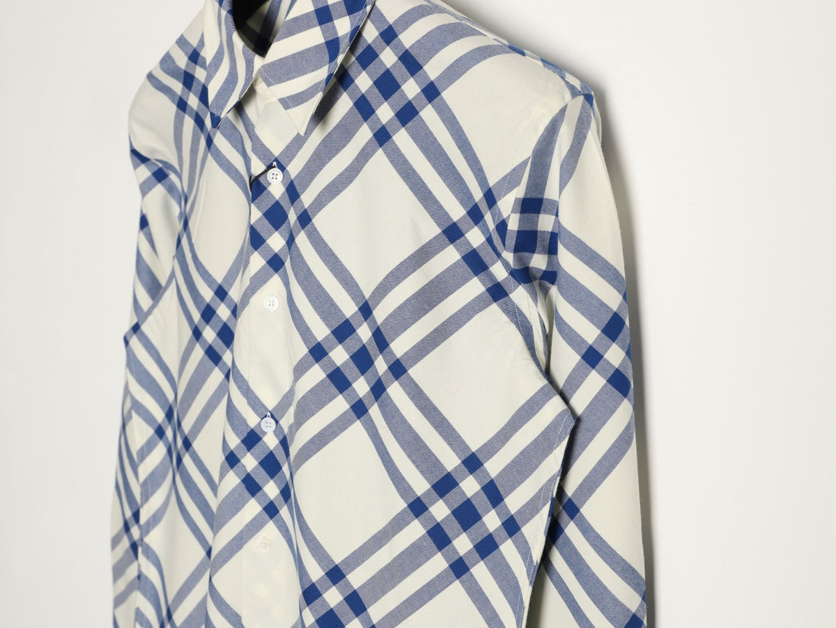 Burberry Ivory Blue Diagonal Check Cotton Long-Sleeve Shirt