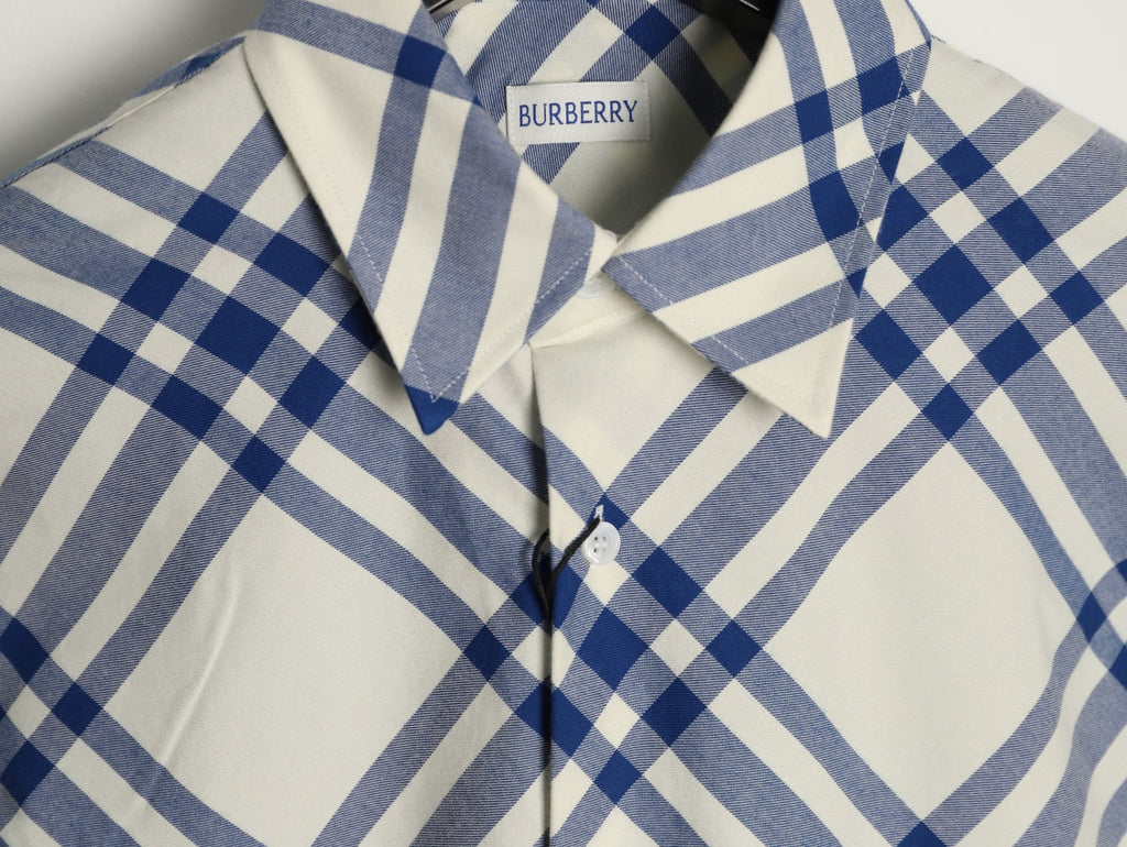 Burberry Ivory Blue Diagonal Check Cotton Long-Sleeve Shirt