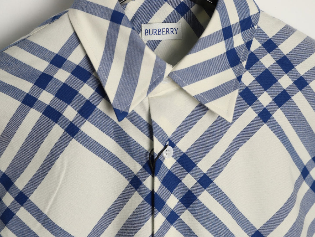 Burberry Ivory Blue Diagonal Check Cotton Long-Sleeve Shirt