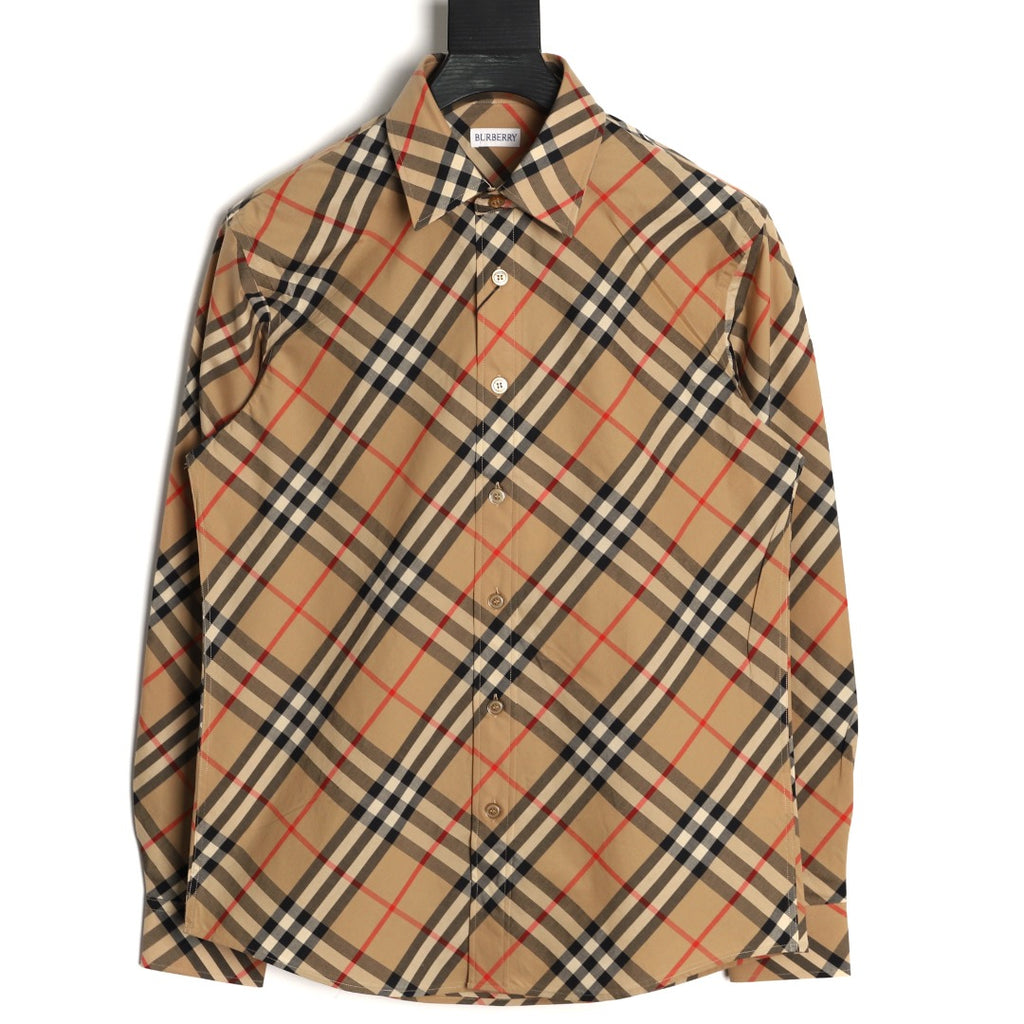 Burberry Warm Tan Diagonal Check Cotton Long-Sleeve Shirt