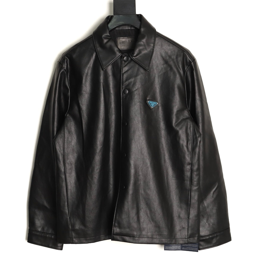 Prada Triangle Logo Black Leather Single-Breasted Jacket