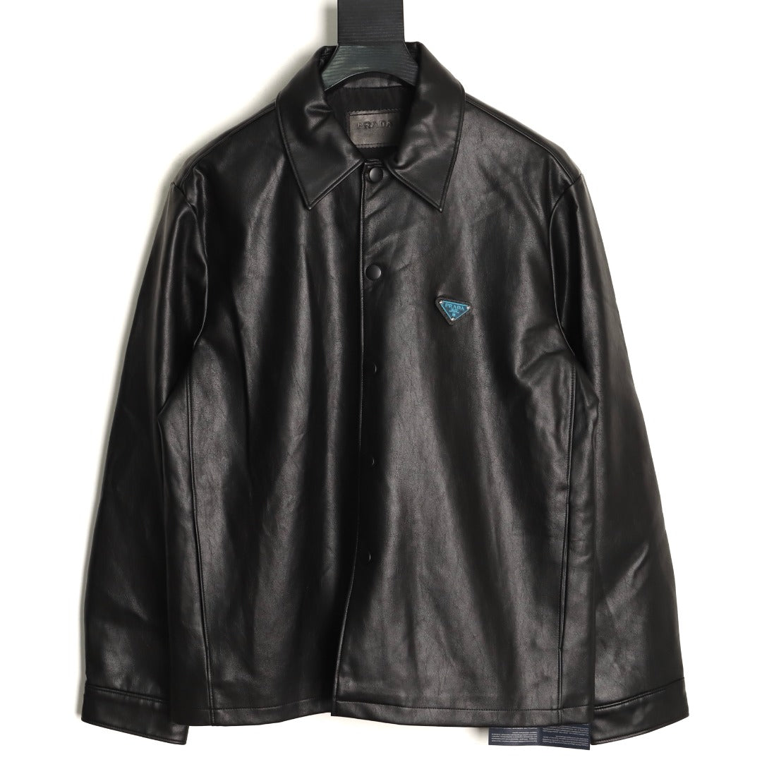 Prada Triangle Logo Black Leather Single-Breasted Jacket