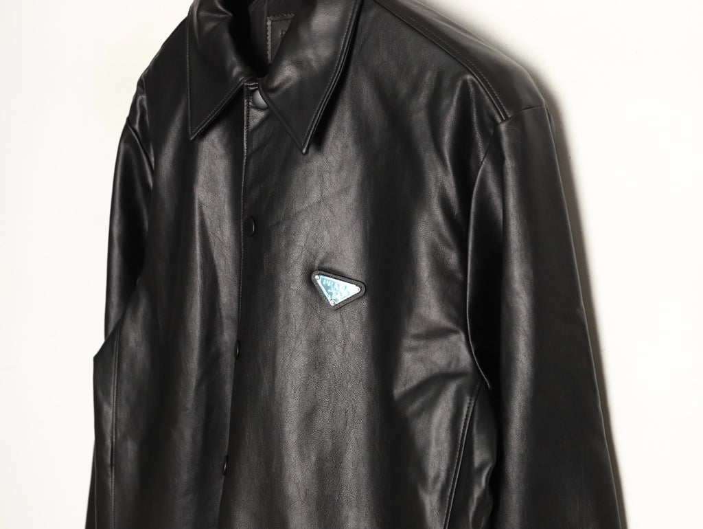 Prada Triangle Logo Black Leather Single-Breasted Jacket