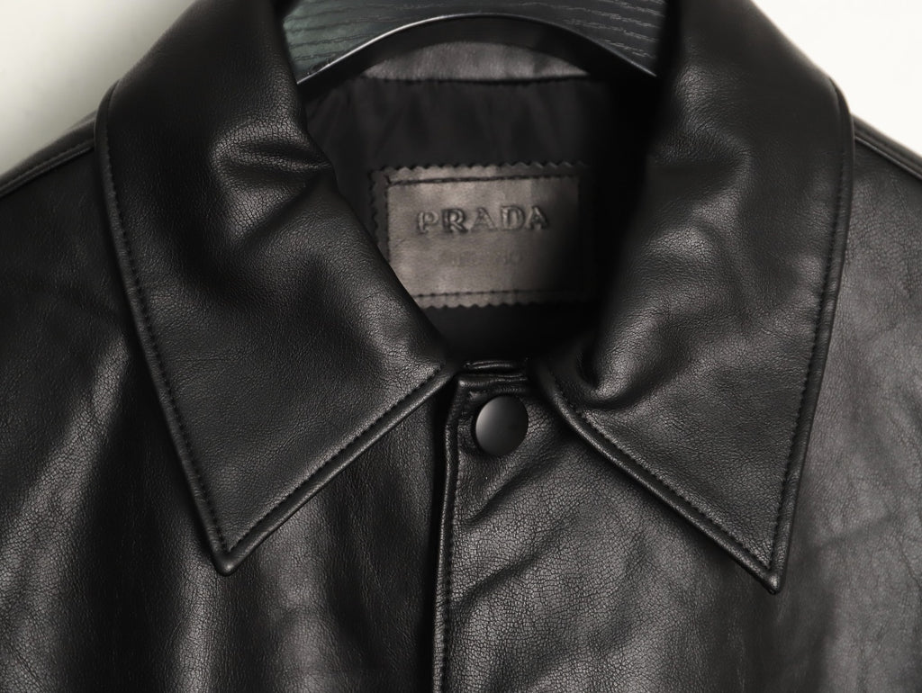 Prada Triangle Logo Black Leather Single-Breasted Jacket
