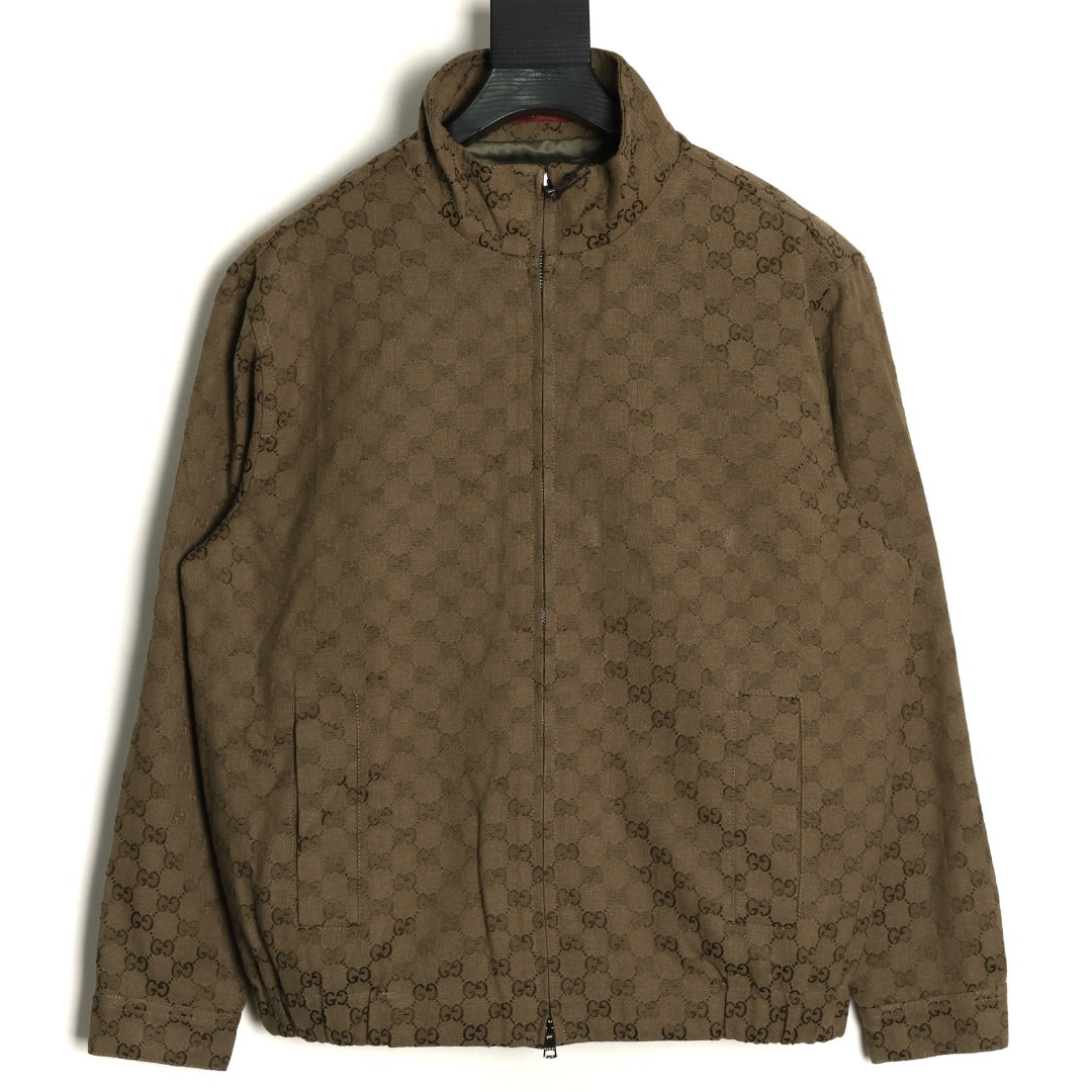 Gucci GUC Allover Monogram Brown Jacquard Stand-Collar Jacket