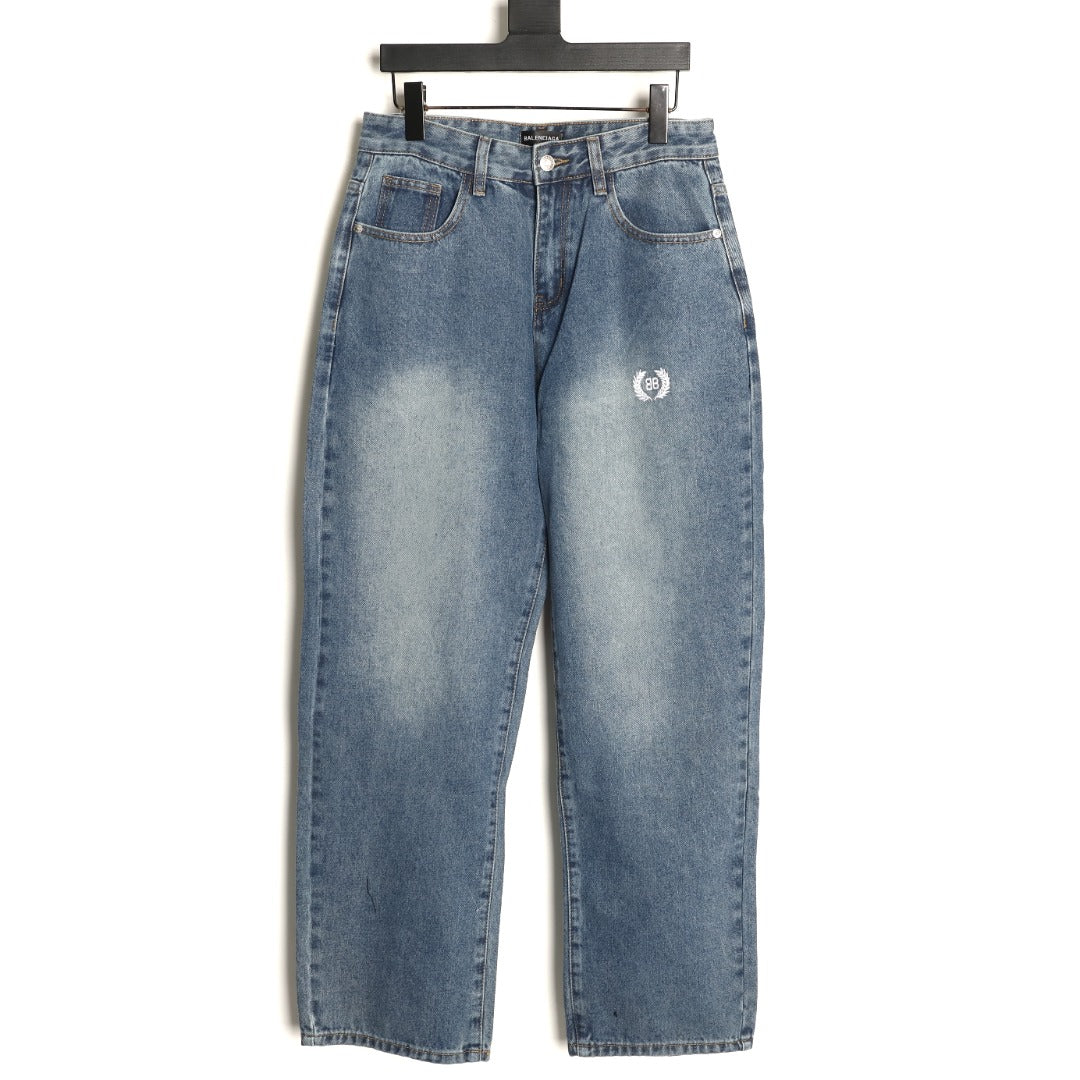 Balenciaga 3M Letter Back-Pocket Washed Blue Straight-Leg Jeans
