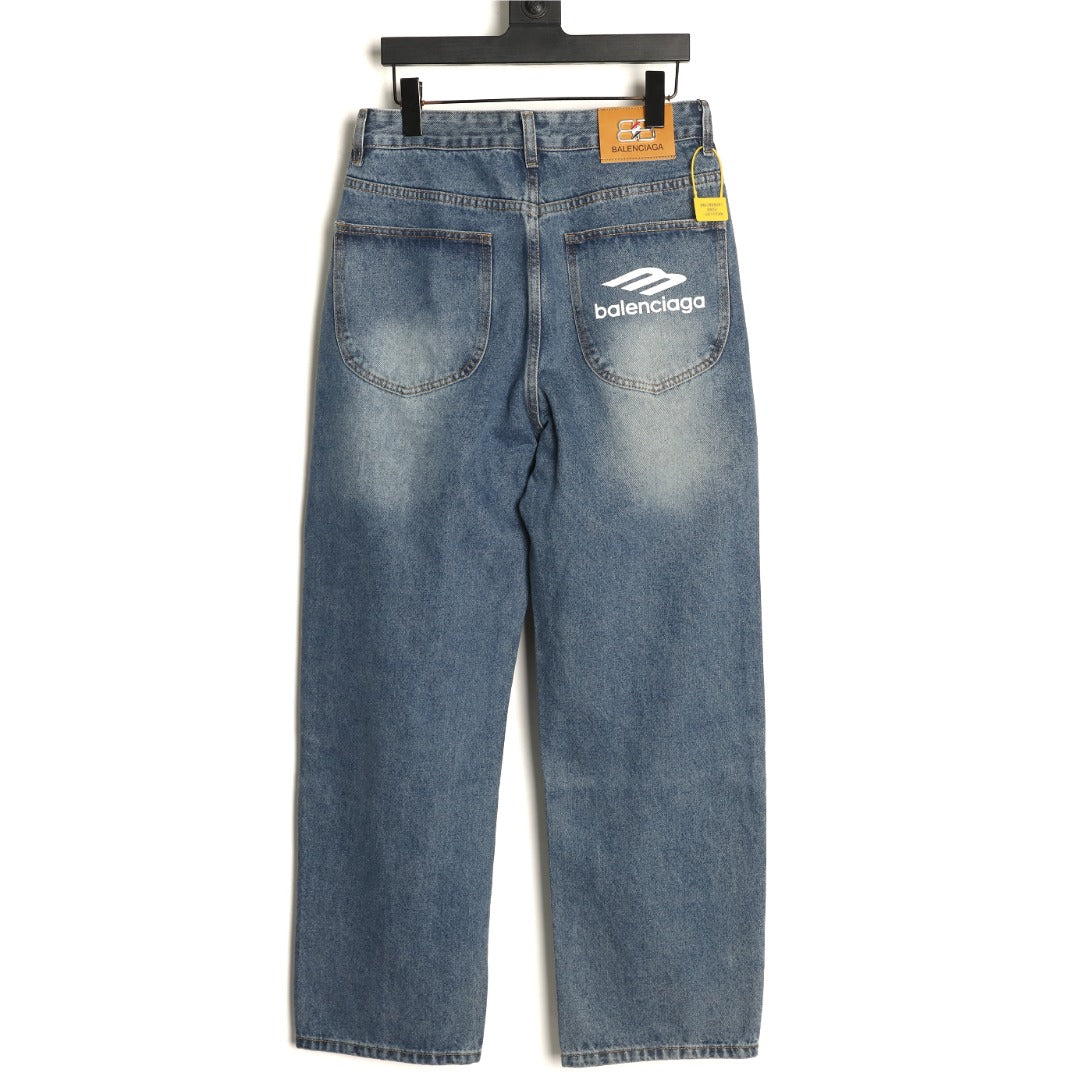 Balenciaga 3M Letter Back-Pocket Washed Blue Straight-Leg Jeans
