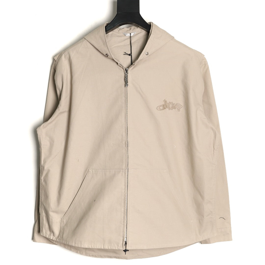 Dior 25FW Embroidered Emblem Beige Canvas Zip Hooded Jacket